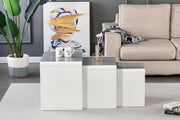 Nest of 3 Tables Grey Tempered Glass Top White High Gloss Side End Coffee Home