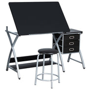 Drawing Table Adjustable Drafting Table Tiltable Table Desk W/ Stool 3 Drawer