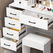 Dressing Table Makeup Desk 10 LED Lights Mirror 6 Drawers & Stool Set Vanity