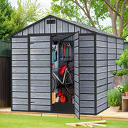 8X6FT Plastic Garden Shed Apex with Floor Window Lockable Door Wood Grain Grey