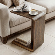Modern C-Shaped Solid Wood End Table Wooden Narrow Side Table for Living Room