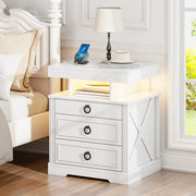 Bedside Table with Charging Station, Smart End Table with 3-Colour LED Lights