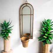 Arched Garden Wall Mirror with Planter Flower Pot Rusty Metal Rustic Outdoor