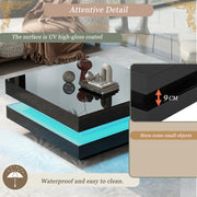 Square Coffee Table Black High Gloss Wooden Centre Tea Table with LED RGB Lights