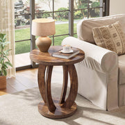 Farmhouse Round End Table, Wooden Accent Side Table with Storage for Living Room
