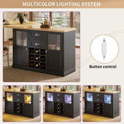 360° Dining Bar Table Kitchen Island, With Storage Cabinet & LED Lights, Black