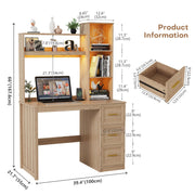 Home Office Desk with Hutch and Drawers Computer Desk with Power Outlets and LED