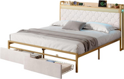 BTM Double Bed Frame !SALE! 4ft6 Storage Drawers RGB LED USB-C Beige Velvet