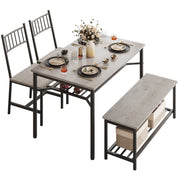 4-Piece Grey Dining Set for 4, Rectangular Table, 2 Chairs & Bench W/ Wine Rack