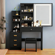 Black Dressing Table With Drawers Led Mirror Stool Makeup Desk Vanity Table Set