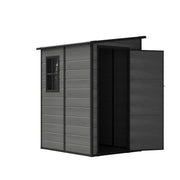5x4ft Plastic Garden Shed w/ Floor, Window, Lockable Doors, Dark Grey Wood Grain