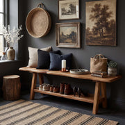 55 Inch Farmhouse Solid Wood Entryway Bench with Open Storage Shelf for Hallway