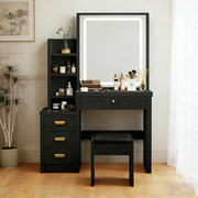 Black Dressing Table With Drawers Led Mirror Stool Makeup Desk Vanity Table Set