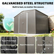 9 x 6FT Galvanised Garden Storage Shed with Sliding Door, Grey