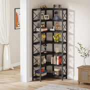 Corner Bookshelf, Large Modern Corner Bookcase with Metal Frame for Living Room