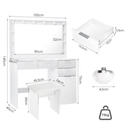 White Dressing Table with LED Lights Mirror Stool Drawers Vanity Makeup Desk Set