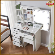 Dressing Table with Mirror, 10 LED Lights, Drawers, Stool Set Makeup Desk Vanity