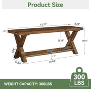 43.3-Inch Solid Wood Dining Bench with X-Shaped Legs & Storage Shelf for Kitchen