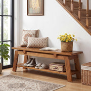 55.12 Inch Modern Solid Wood Entryway Bench with Shoe Storage Shelf for Hallway