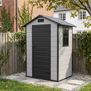 Small Plastic Garden Shed Apex with Floor Window Lockable Door Wood Grain Grey