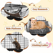 Indoor Cat Cage 3-Tier Cat Enclosure w/ Skylight Hammock 2 Ladders Black
