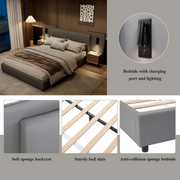 BTM 4ft6 Double Bed !SALE! Grey Upholstered Frame LED USB Charging Headboard