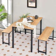 3 PCS Natural Table Set Dining Table & 2 Benches Kitchen Space-Saving Furniture
