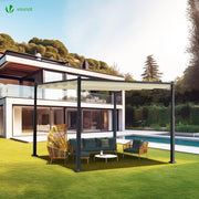 3x3m Metal Pergola with Retractable Roof & Sun Shade Canopy, Beige Patio Gazebo