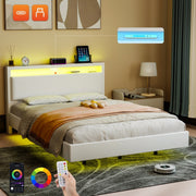 Floating Double Bed Frame w/ LED Lights & Upholstered Headboard,Charging Station