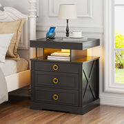 Bedside Table with Charging Station & Hidden Drawer, Nightstand with LED Lights