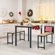 3 PCS Natural Table Set Dining Table & 2 Benches Kitchen Space-Saving Furniture