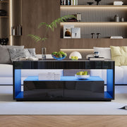 High Gloss LED Coffee Table Glass Top 2 Drawers Open Storage 100x50x40cm Black