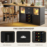 360° Dining Bar Table Kitchen Island, With Storage Cabinet & LED Lights, Black