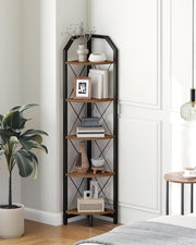 Corner Shelf 5 Tier Industrial Bookshelf & Display Storage Stand Rustic Brown