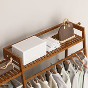 Heavy Duty Double Clothes Rail Rack Garment Hanging Stand Open Wardrobe Bamboo