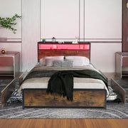 Double Size Bed Frame Metal Bed Platform LED Lights Headboard & 4 Storage Drawer