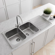 Sinkoro Inset Kitchen Sink 2 Double Square Bowl Stainless Steel Reversible Waste
