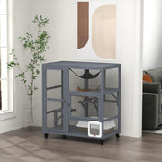 Cat Cage House Catio Indoor Enclosure on Wheels Fir Wood Grey 3 Levels