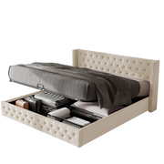 Ottoman Bed Gas Lift Storage Bed 4ft6 Double Bed Frame Velvet Upholstered Beige