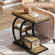 End Table for Living Room, 3-Tier Narrow Wood Couch C-Shaped Side Table, Natural