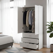 Tall Wooden 2 Door Wardrobe with 3 Drawers Bedroom Storage Furniture