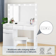 White Dressing Table with LED Lights Mirror Stool Drawers Vanity Makeup Desk Set
