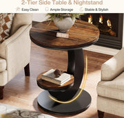 Round End Table with 2-Tier Storage Shelf,Modern Wood Side Table for Living Room