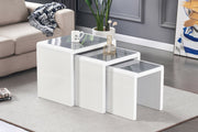 Nest of 3 Tables Grey Tempered Glass Top White High Gloss Side End Coffee Home