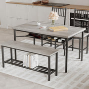 4-Piece Grey Dining Set for 4, Rectangular Table, 2 Chairs & Bench W/ Wine Rack
