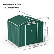 Metal Shed Outdoor Garden Storage 7x4 - 11x14 Apex Roof Galvanised Steel Ranger