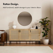 Wide Sideboard for Living Room, Rattan Effect With 6 Storage Shelves