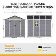 Grey Plastic Outdoor Storage Shed 8x8 FT with Double Windows for Tool Bike Store