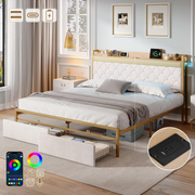 BTM Double Bed Frame !SALE! 4ft6 Storage Drawers RGB LED USB-C Beige Velvet
