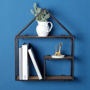 House Shaped Wall Shelf Retro Metal and Wood Display Shelf for Bedroom,
